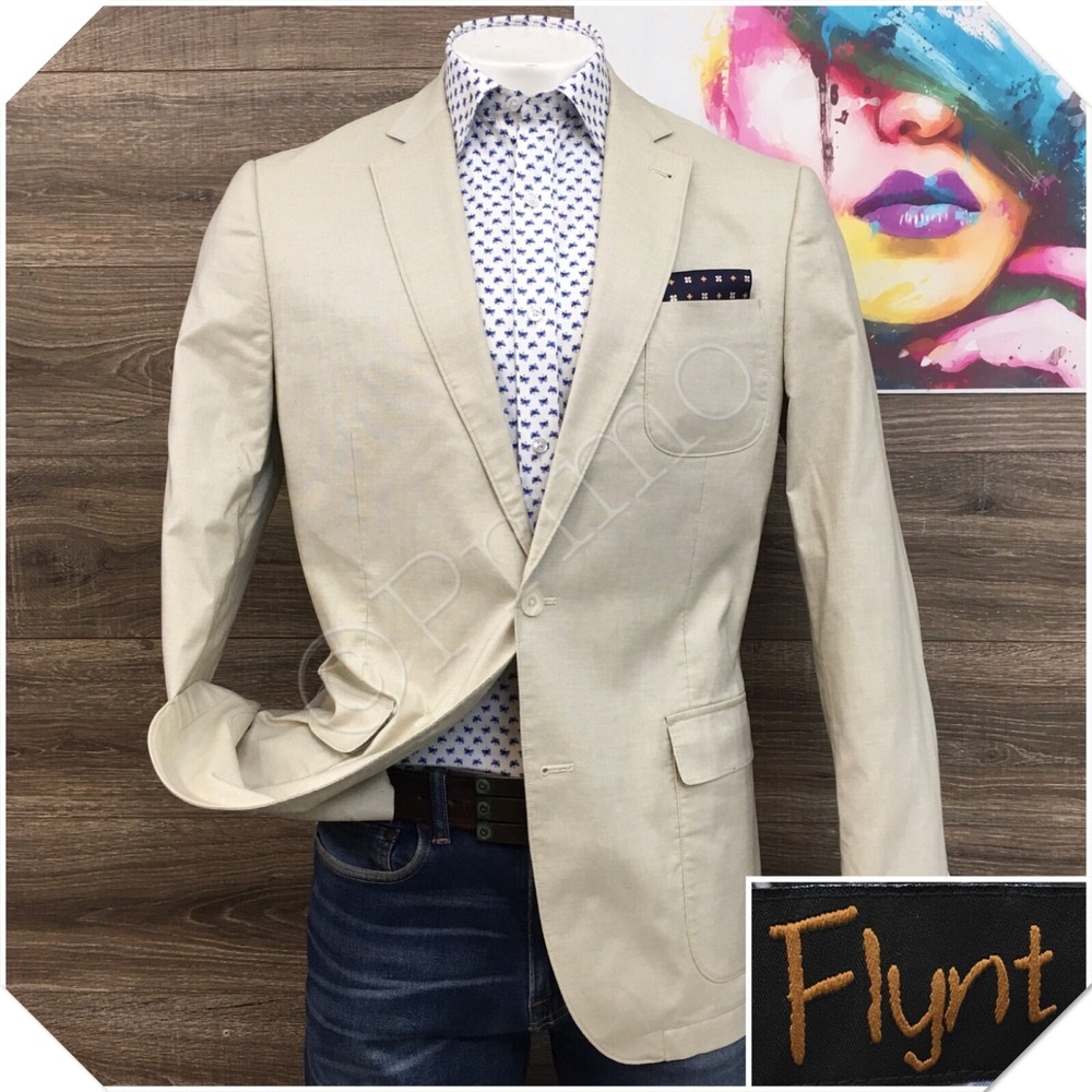 FLYNT Mens Blazer Sport Coat Casual Jacket Size 44L Two‎ Button Cotton Suit